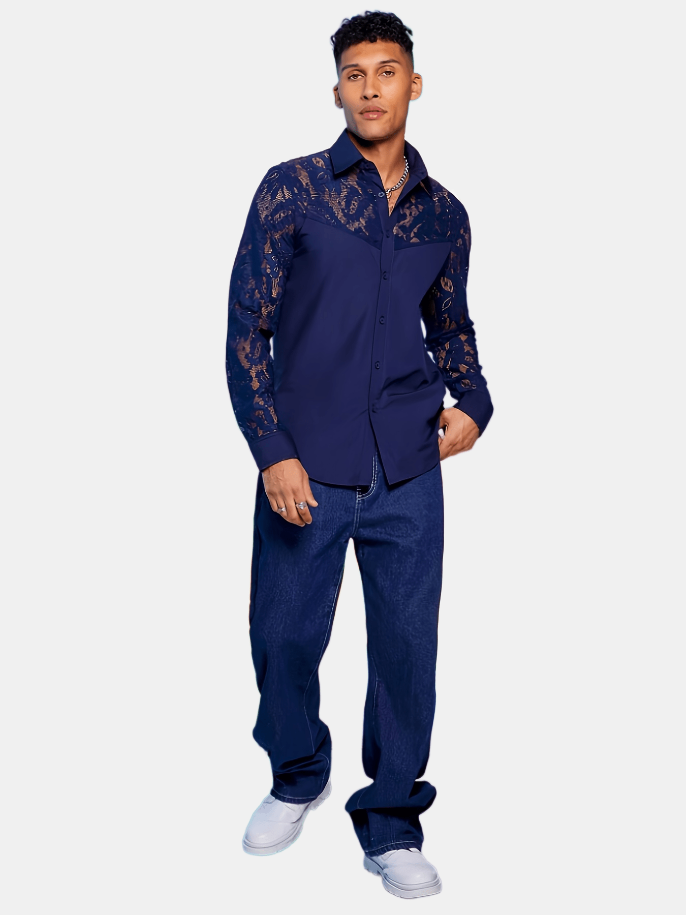 Lencensa - Chemise Homme Dentelle Noire Manches Longues