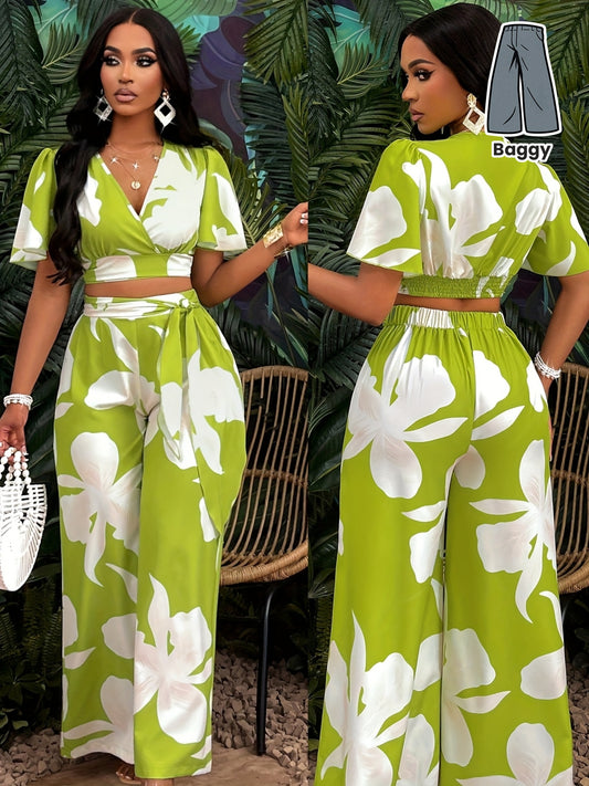 Lencensa - Ensemble Femme Crop Top Tropical et Pantalon Large