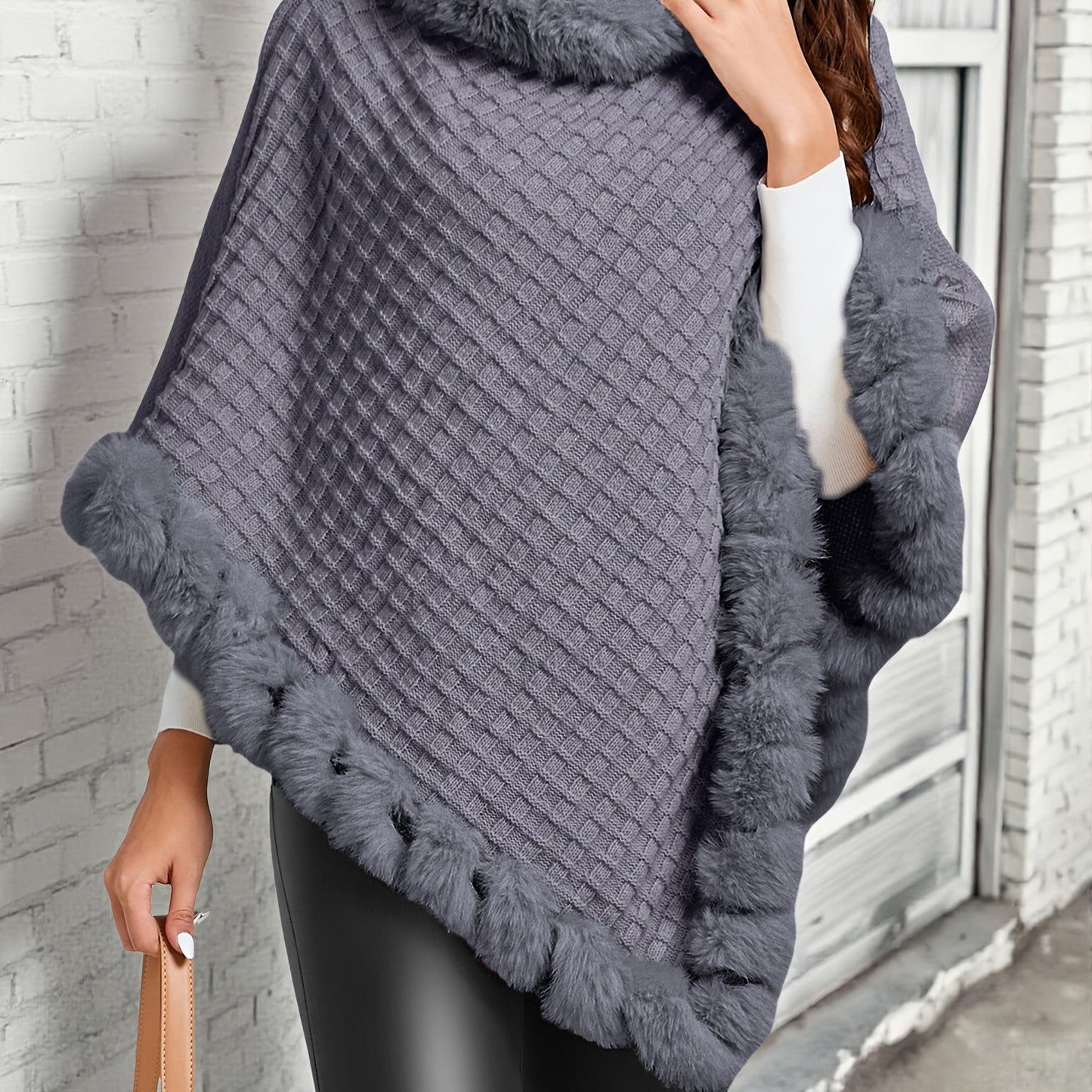 Pure Body" Elegant Special Edition Women's Solid Color Waffle Pullover, 100% Polyester with Faux Fur Collar Splice, Stylish and Warm Sweater for Autumn/Winter, Suitable for Outdoors, Office & Home Wear, Hand Washable, Gift Id - Lencensa 