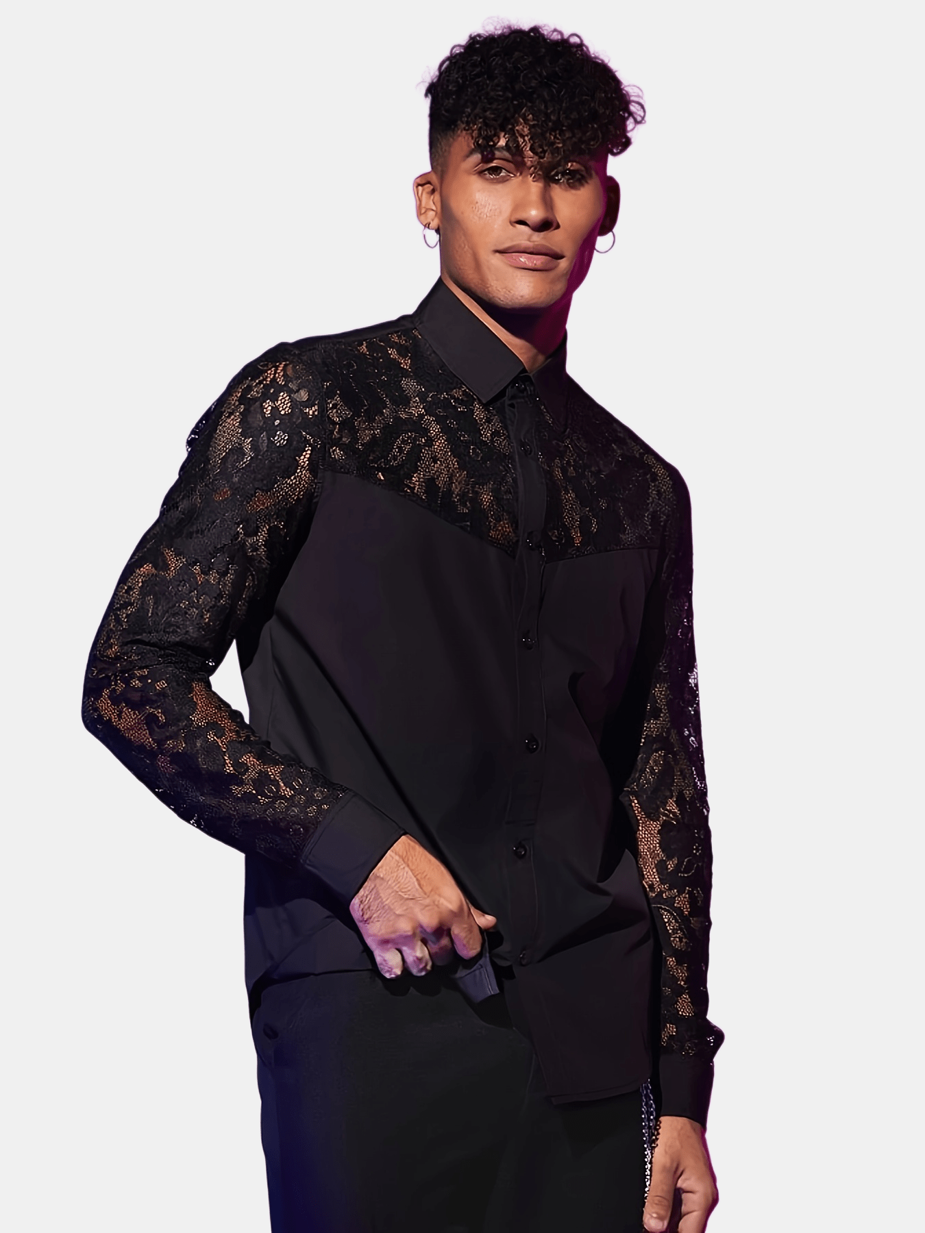 Lencensa - Chemise Homme Dentelle Noire Manches Longues