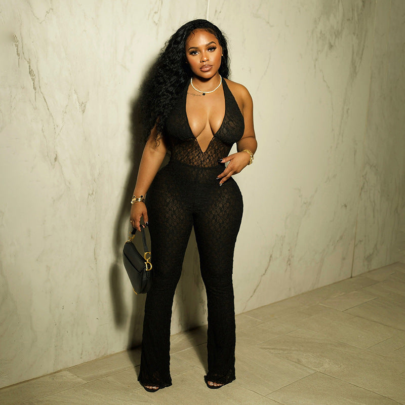 Women's Halterneck Lace Jumpsuit - Lencensa 