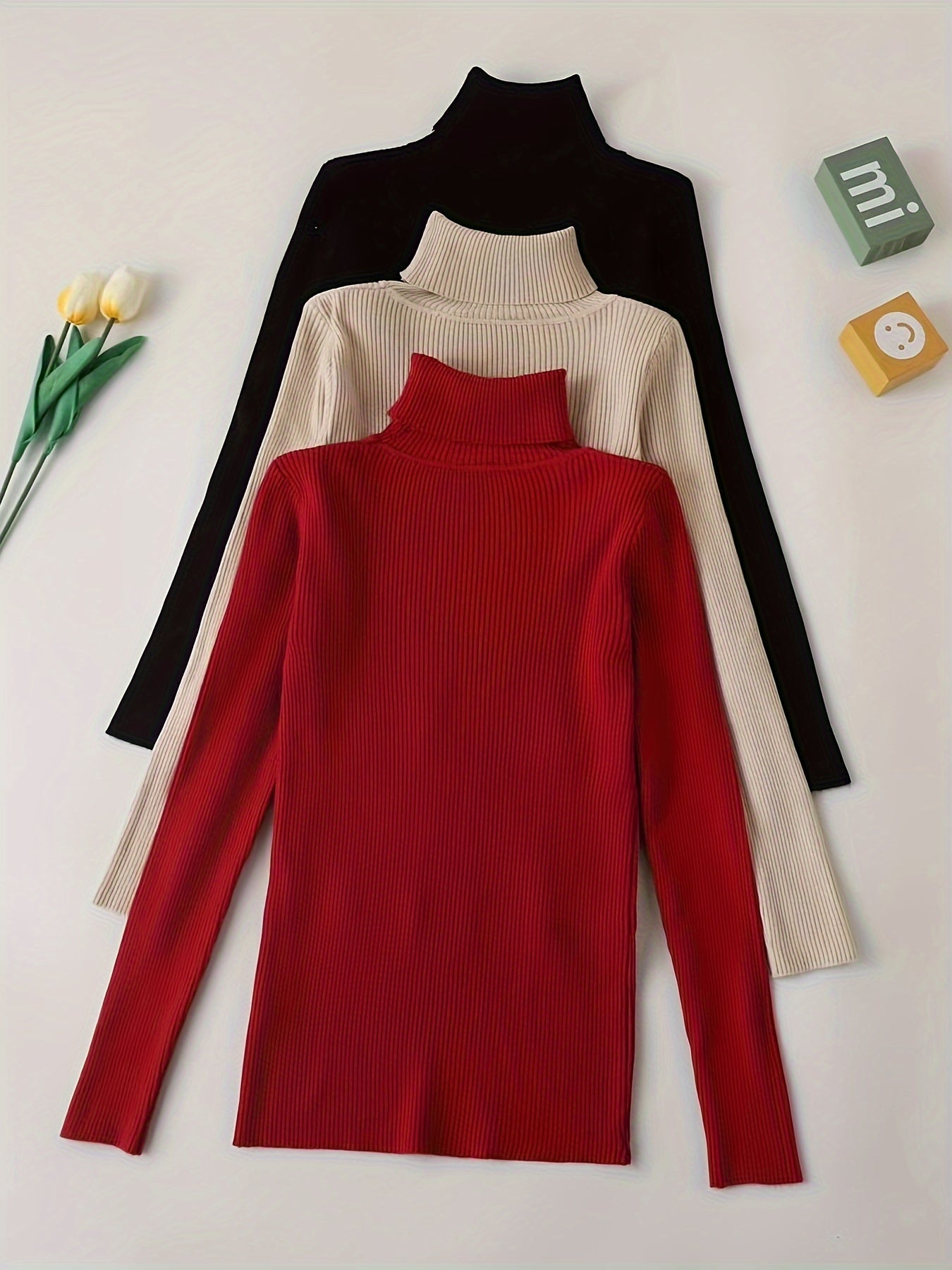 Turtleneck 3 Packs Knitted Pullover Sweater, Casual Solid Color Long Sleeve Sweater For Fall & Winter, Women's Clothing - Lencensa 