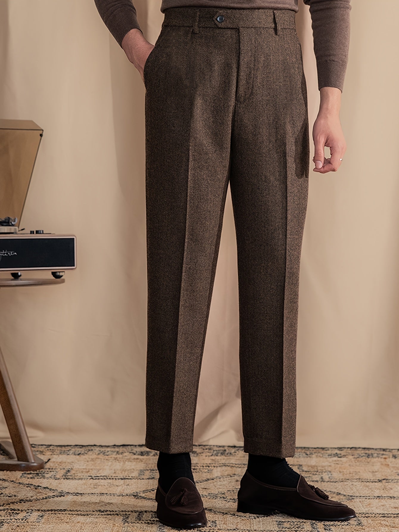 Lencensa - Pantalon Homme Chevrons Marron Coupe Classique
