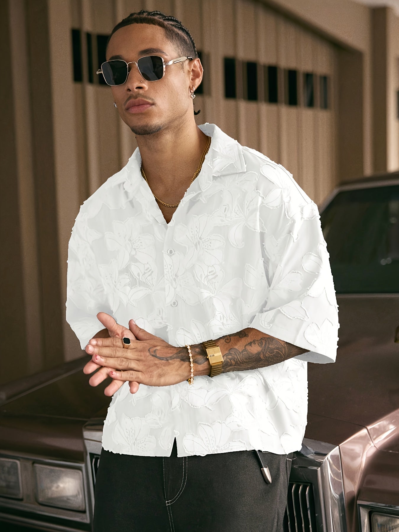 Lencensa - Chemise Homme Manches Courtes Motif Floral