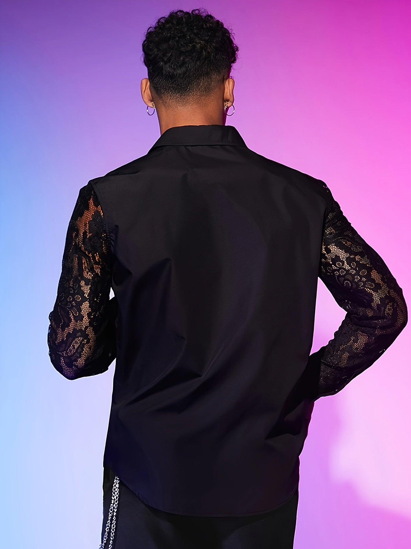 Lencensa - Chemise Homme Dentelle Noire Manches Longues