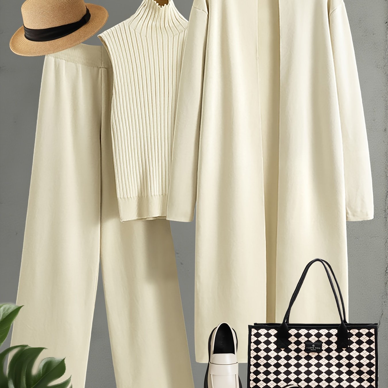 Autumn and Winter Women's Outfit, Solid Color Sweater Three-Piece Set, Cardigan Jacket Ensemble, Casual Elegant Ladies' Suit, Korean Style Top and Bottom Set, Fabric Wide-Leg Pants Set, Fabric Vest Set, Commuter Style Outfit, - Lencensa 