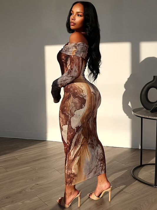 Lencensa - Robe Bodycon Épaules Nues Motif Marbré