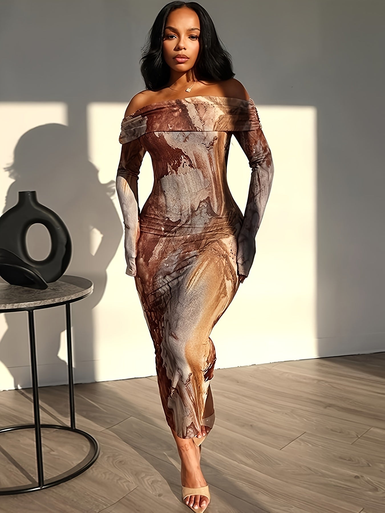 Lencensa - Robe Bodycon Épaules Nues Motif Marbré
