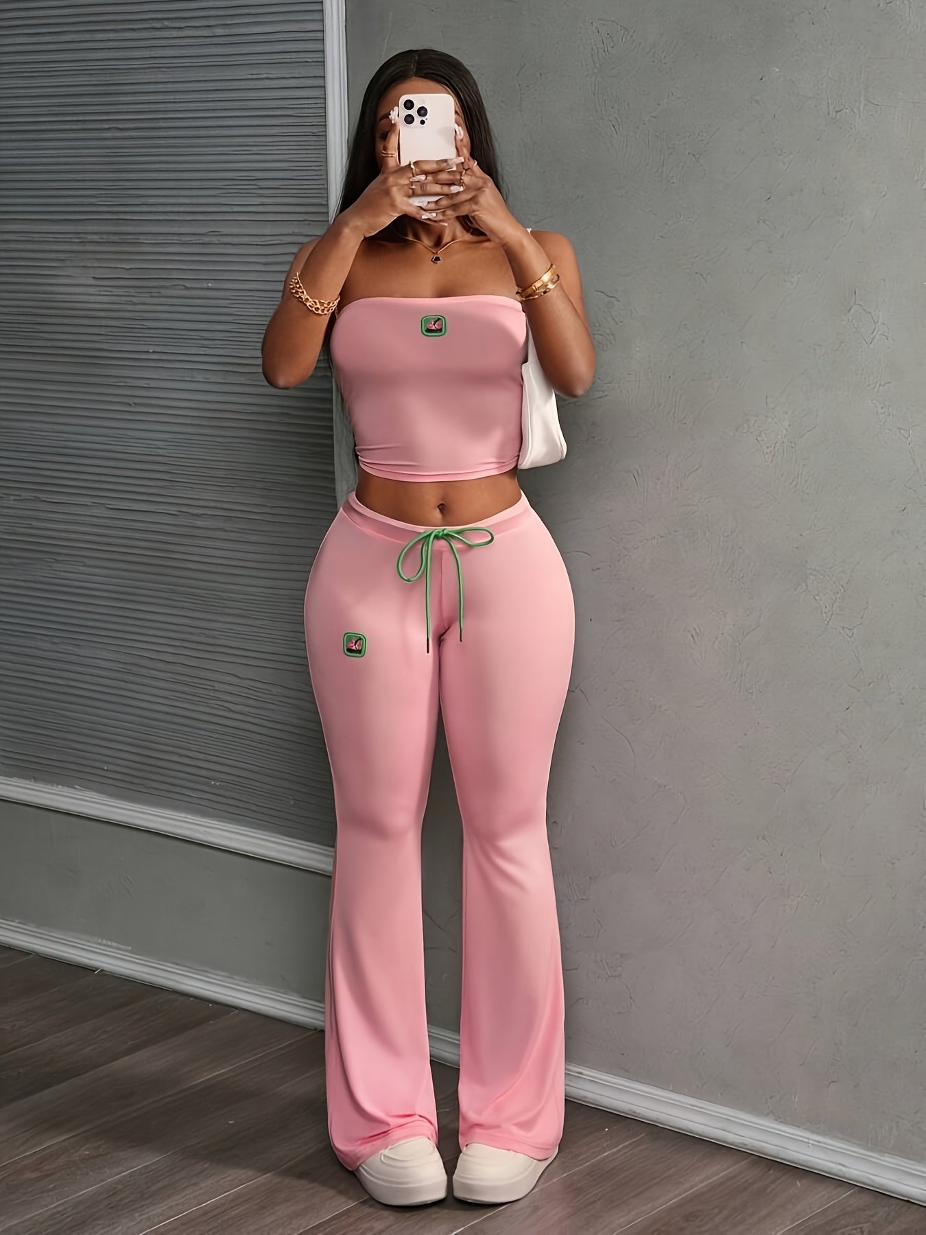 Lencensa - Ensemble Femme Crop Top Épaules Nues et Legging Rose