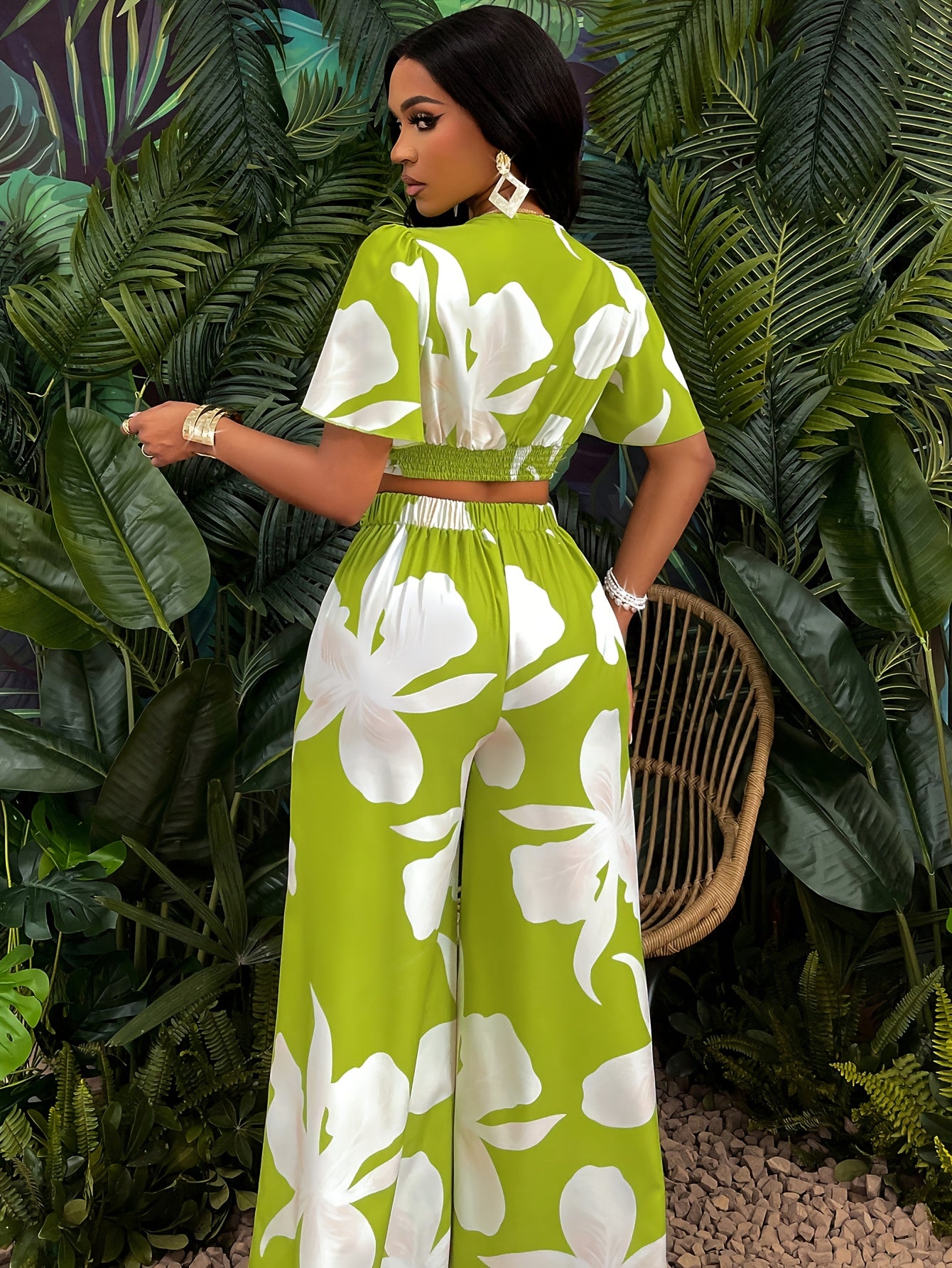 Lencensa - Ensemble Femme Crop Top Tropical et Pantalon Large